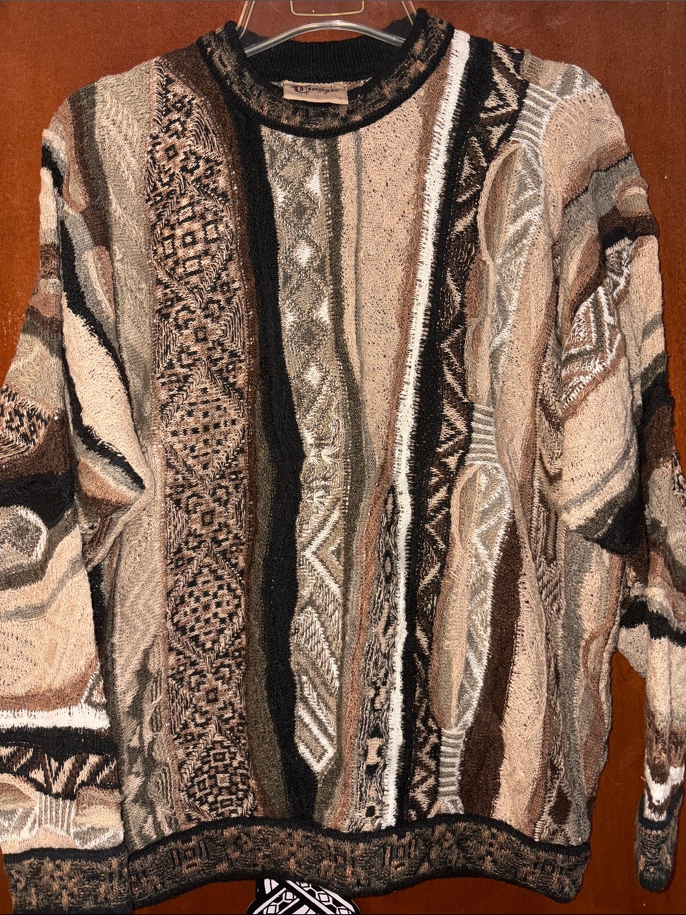 COOGI Brown, Cream & Black Textured Stripe Crewneck Sweater